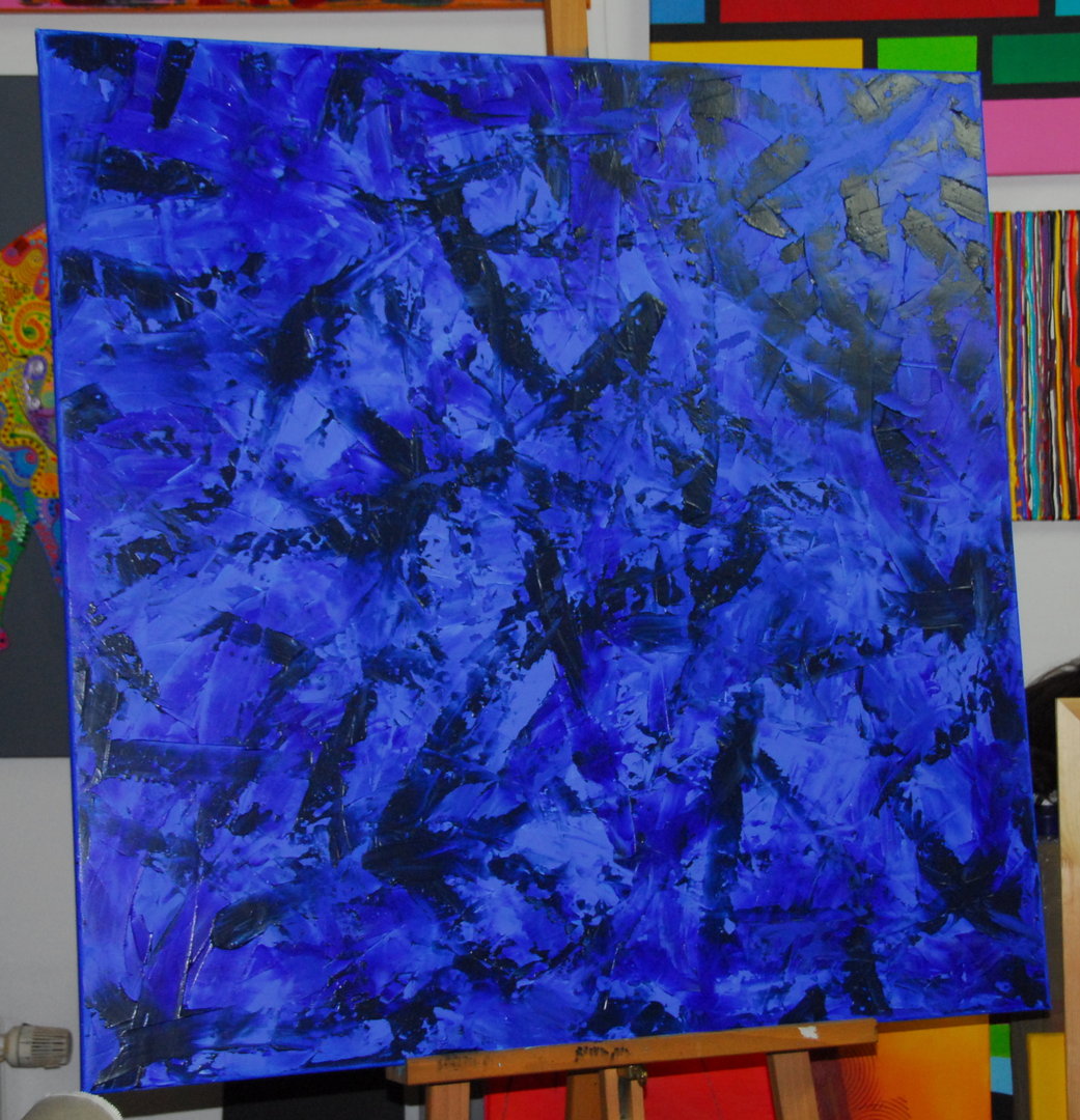 Gemälde Abstrakt 100x100cm blau Leinwand Bild Silberstreif