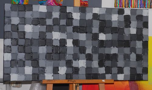 100x50cm Acryl auf Leinwand schwarz grau Karos UNIKAT 3-D